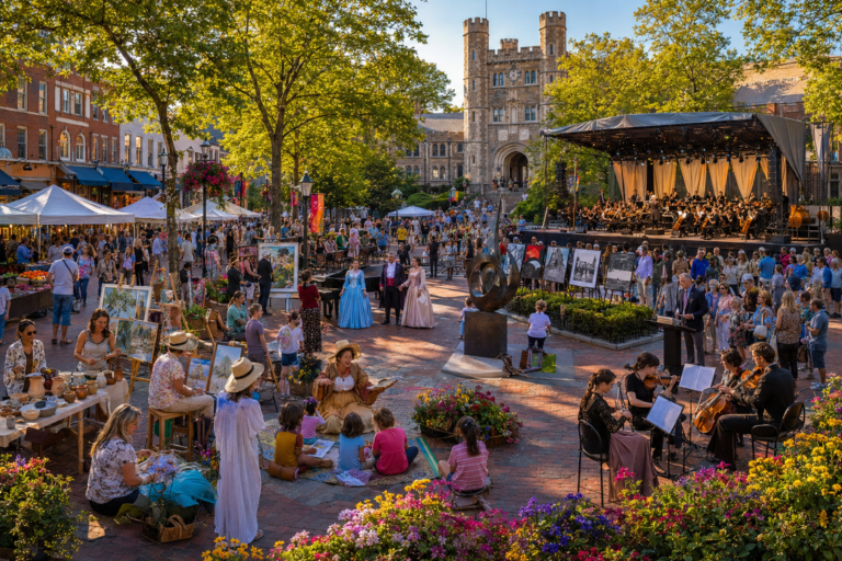 Visitors enjoying a vibrant cultural event in Princeton featuring live music, art exhibitions, outdoor performances, colorful festival decorations, and historic downtown surroundings.