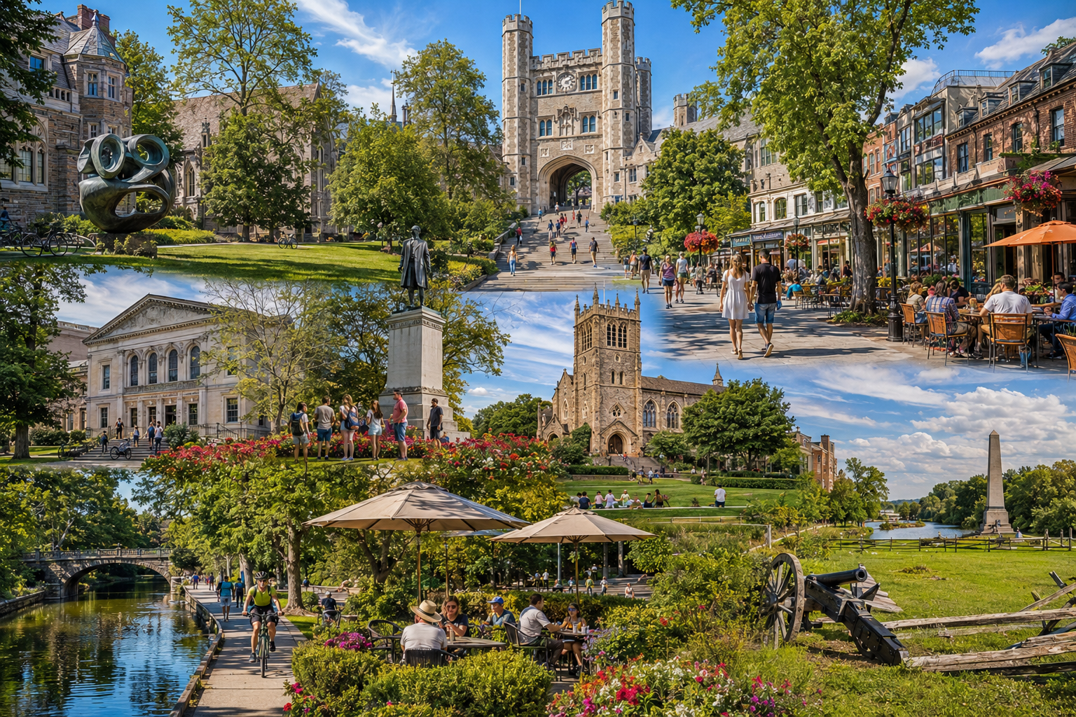 Visitors exploring free attractions in Princeton including Princeton University campus, Nassau Street, Palmer Square, Princeton Battlefield State Park, and the Delaware and Raritan Canal.