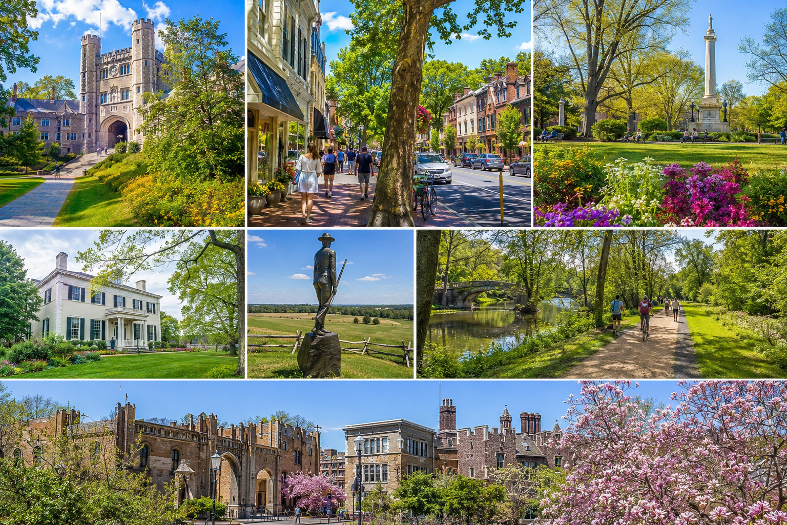 Top attractions to visit in Princeton featuring Princeton University, Nassau Street, historic landmarks, beautiful gardens, museums, and scenic downtown views.