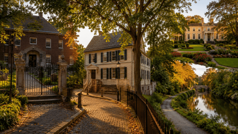 Hidden Historical Places in Princeton Most Tourists Miss featuring Bainbridge House, Princeton Cemetery, Morven Museum, Jugtown Historic District, Prospect Garden, and Delaware and Raritan Canal.