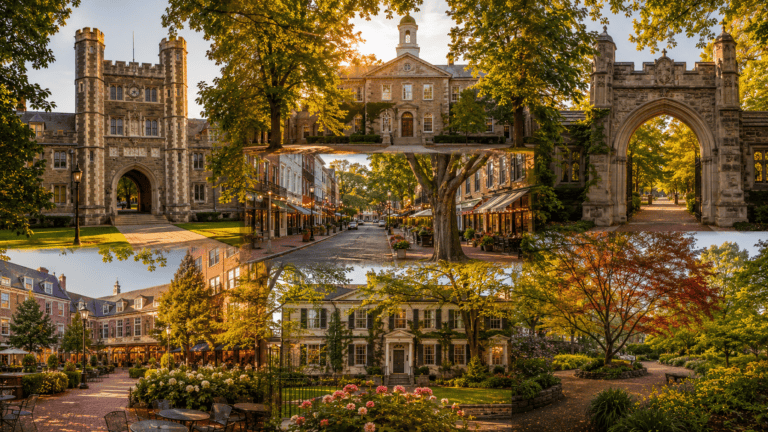 One Day Princeton Itinerary for First Time Visitors featuring Princeton University, Nassau Street, Palmer Square, Morven Museum, Prospect Garden, and downtown Princeton.