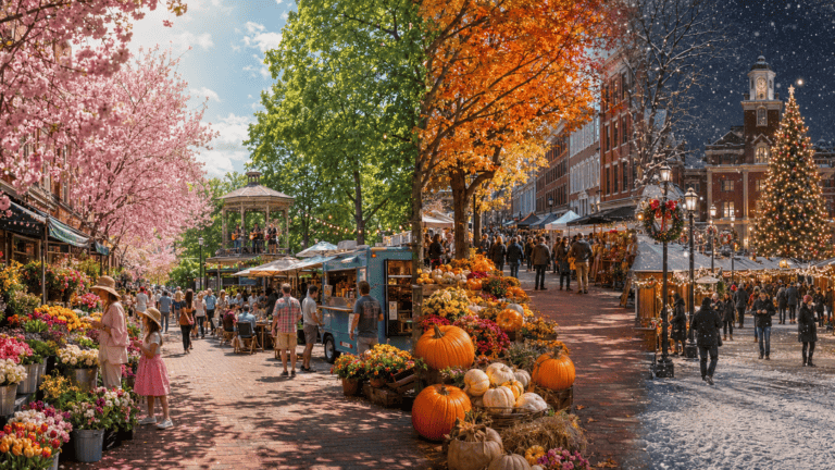 Princeton Seasonal Festivals and Events Worth Visiting featuring spring markets, summer concerts, fall harvest festivals, holiday lights, and community celebrations in downtown Princeton.